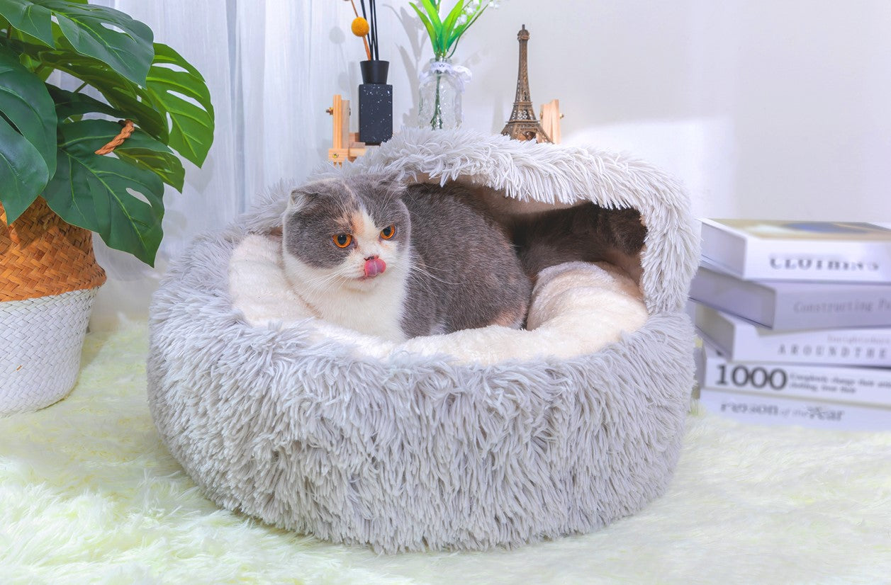 Petpals Igloo Pearl Grey Cat Bed, Plush Shag Bed