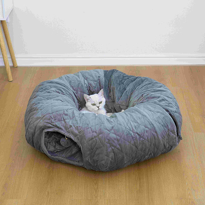Catry Khione Cat Tunnel - Quilted Velvet, 3-Piece, Medium, Gray
