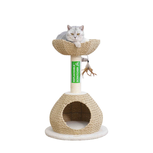 PetPals Walk Up Cat Tree with Fleece Perch, Handwoven Basket, and Sisal Scratching Post, Eco-Friendly Cat Furniture, Beige