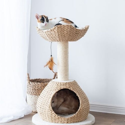 PetPals Walk Up Cat Tree with Fleece Perch, Handwoven Basket, and Sisal Scratching Post, Eco-Friendly Cat Furniture, Beige