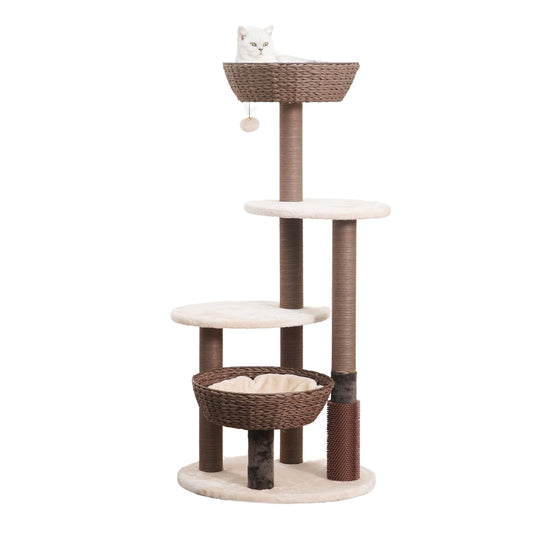 PetPals 5-Level Large Cat Tree with Scratching Posts, Baskets, Cushions & Massager, Boho Design, Beige