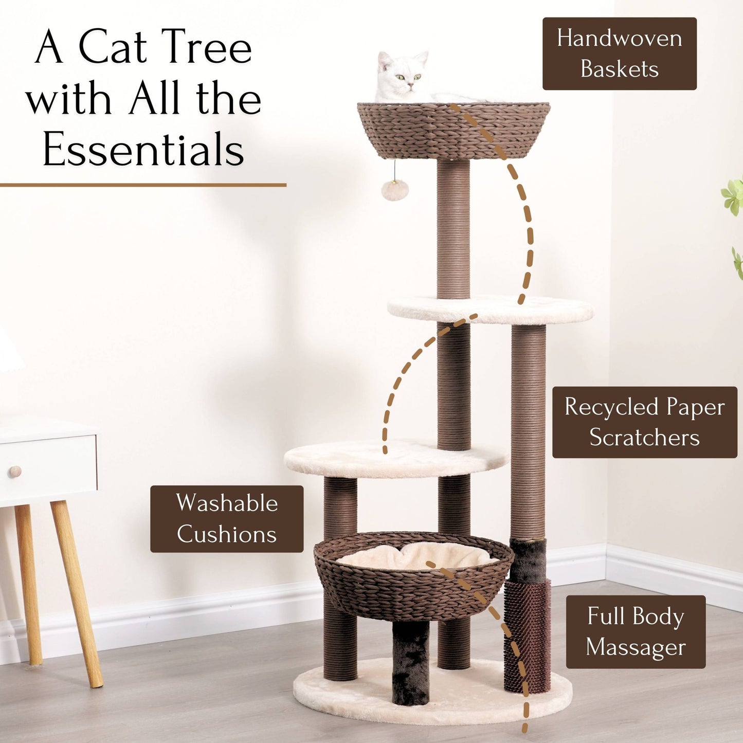 PetPals 5-Level Large Cat Tree with Scratching Posts, Baskets, Cushions & Massager, Boho Design, Beige