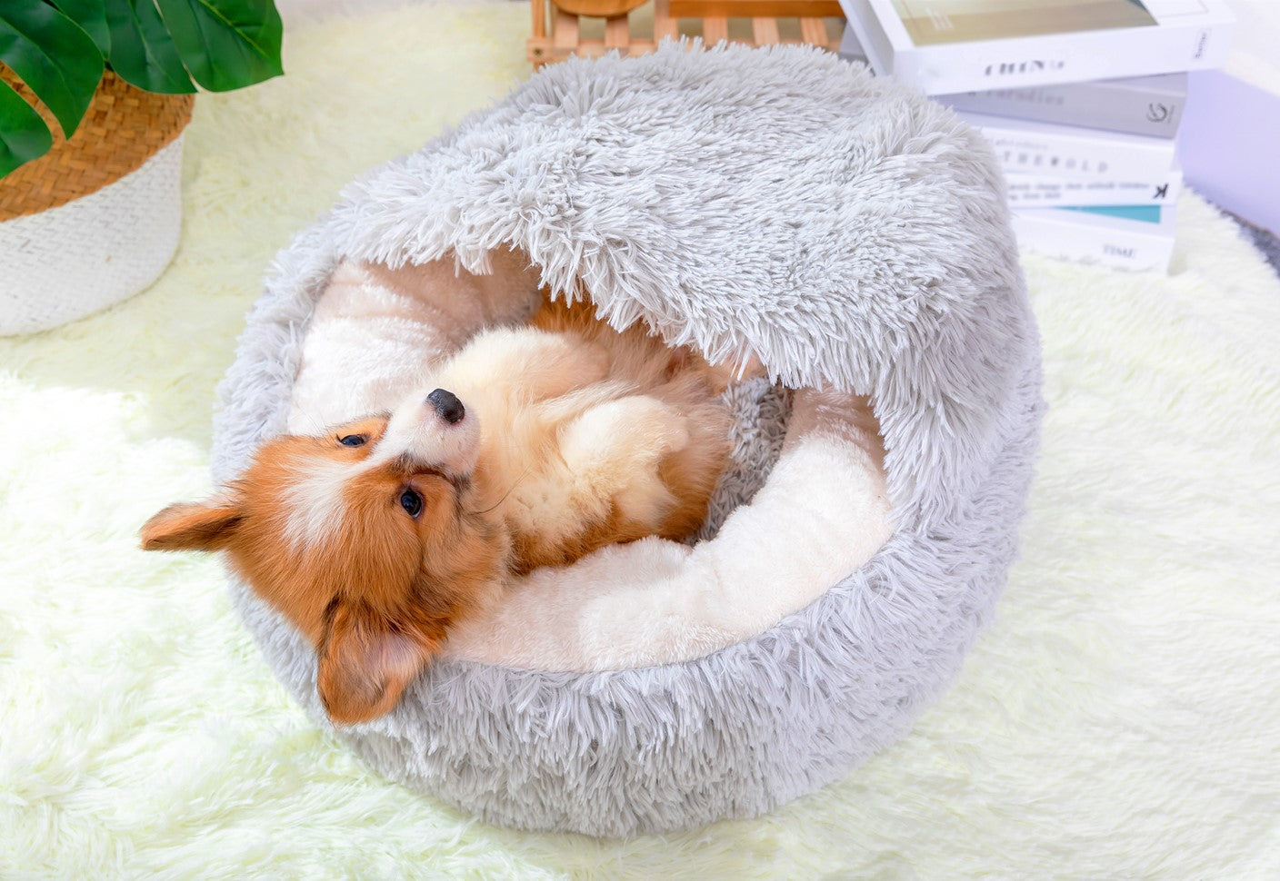 Petpals Igloo Pearl Grey Cat Bed, Plush Shag Bed