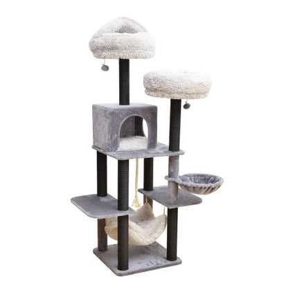 Catry Bradbury 7 Level Gray Cat Tree With Scratching Posts, Condo, Hammock and Two Shag Fur Cushions, Model-CT210353B