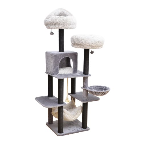 Catry Bradbury 7 Level Gray Cat Tree With Scratching Posts, Condo, Hammock and Two Shag Fur Cushions, Model-CT210353B