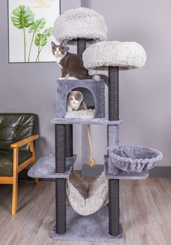 Catry Bradbury 7 Level Gray Cat Tree With Scratching Posts, Condo, Hammock and Two Shag Fur Cushions, Model-CT210353B