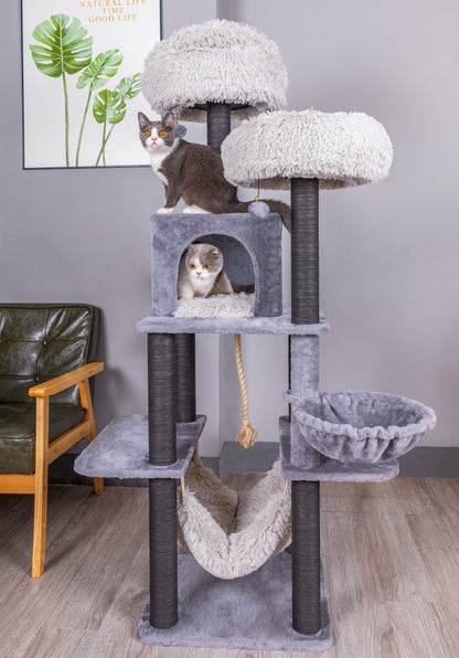 Catry Bradbury 7 Level Gray Cat Tree With Scratching Posts, Condo, Hammock and Two Shag Fur Cushions, Model-CT210353B