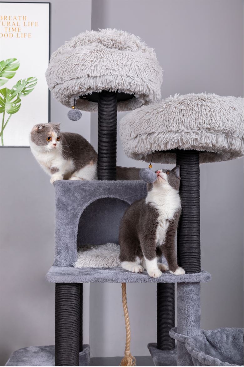 Catry Bradbury 7 Level Gray Cat Tree With Scratching Posts, Condo, Hammock and Two Shag Fur Cushions, Model-CT210353B