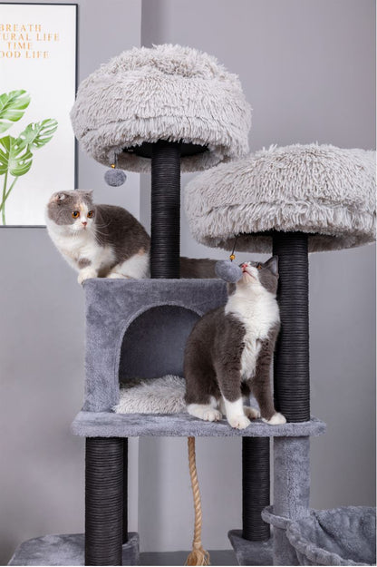Catry Bradbury 7 Level Gray Cat Tree With Scratching Posts, Condo, Hammock and Two Shag Fur Cushions, Model-CT210353B