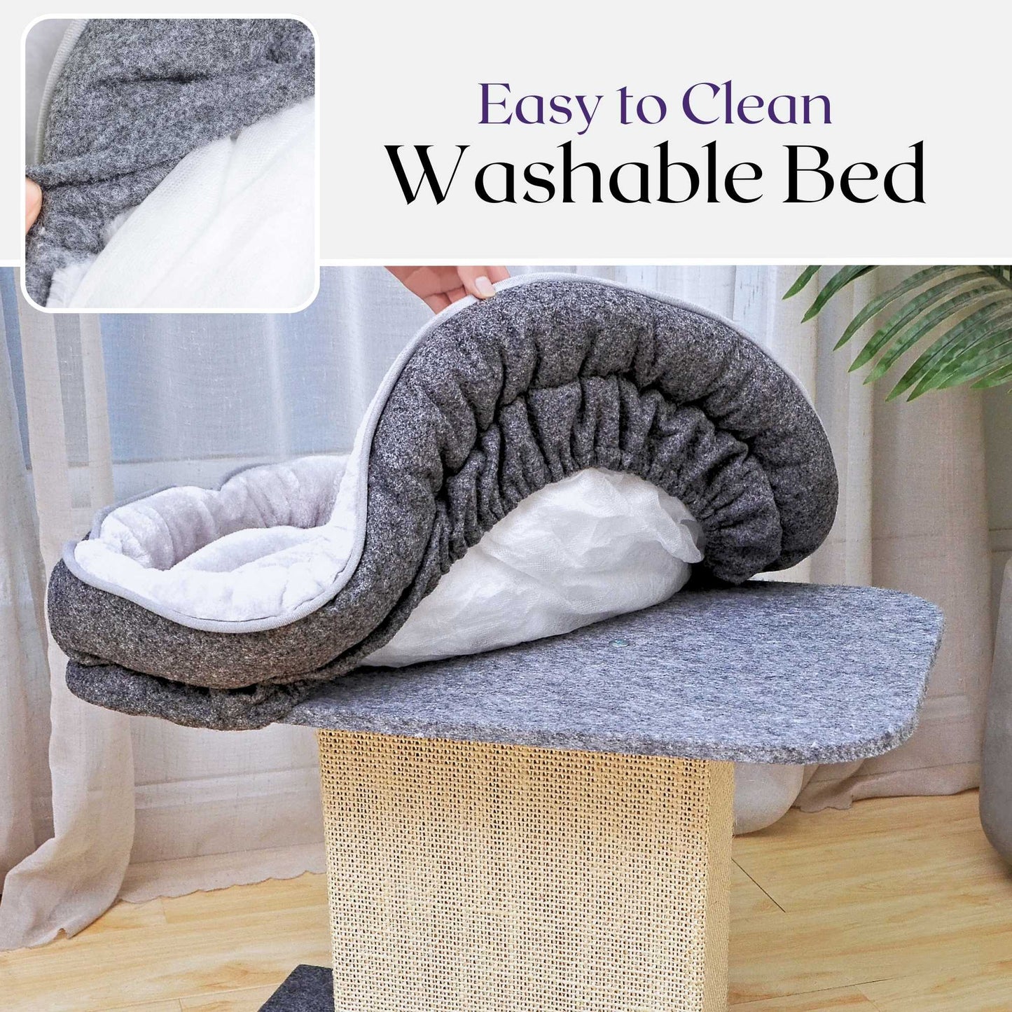 Catry 2-in-1 Mellow Cat Perch with Large Soft Bed and Sisal Scratching Post, Minimalist Design, Grey