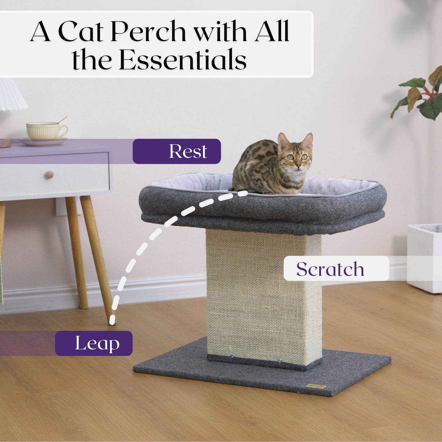 Catry 2-in-1 Mellow Cat Perch with Large Soft Bed and Sisal Scratching Post, Minimalist Design, Grey
