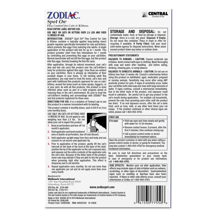Zodiac Flea and Tick Spot On for Cats and Kittens 4 Pack