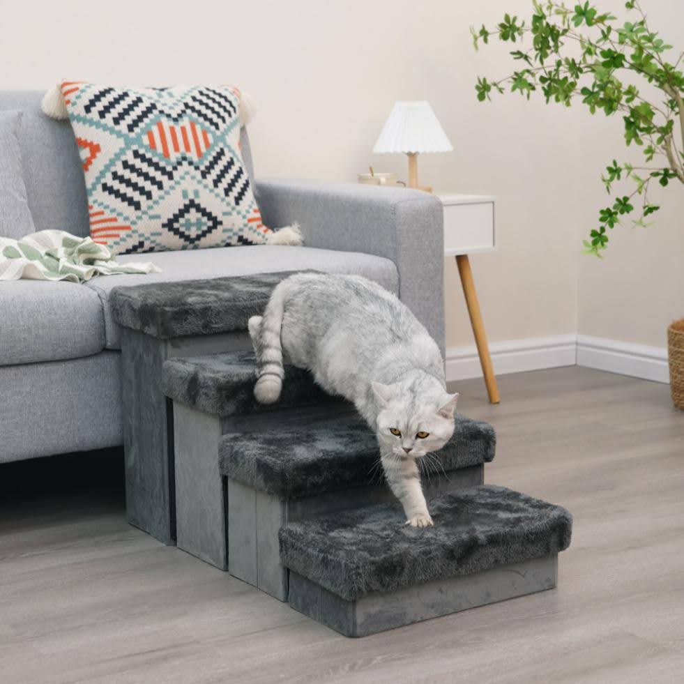 PetPals Sturdy & Plush Design Pet Stairs, Senior Mobility Aid Pet Steps - 4-Lvl Charcoal Pet Stairs, Large