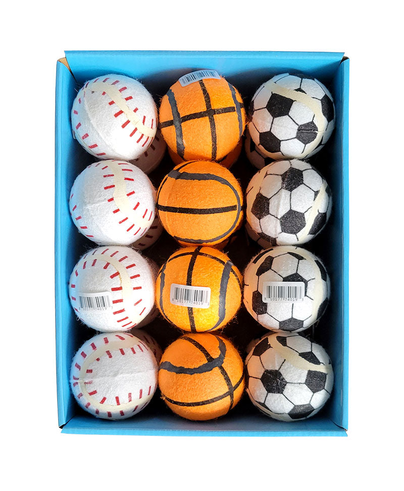 ThoozyPet 24PC PDQ - Tennis Ball Assorted (Baseball / Basketball / Soccer) Fetch Dog Toy 2.5"