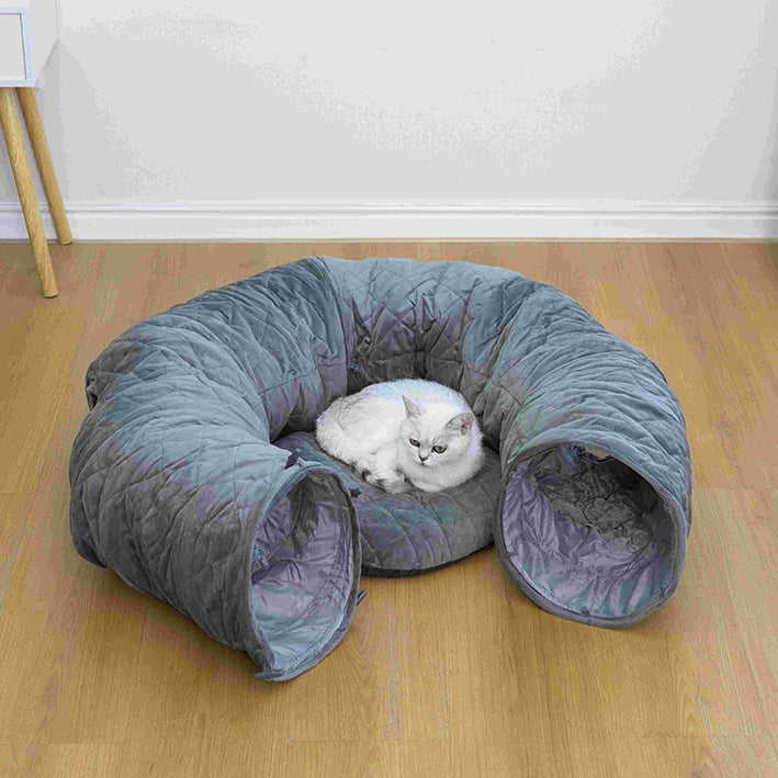 Catry Khione Cat Tunnel - Quilted Velvet, 3-Piece, Medium, Gray