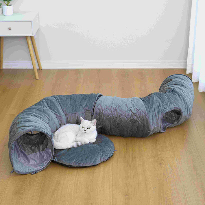 Catry Khione Cat Tunnel - Quilted Velvet, 3-Piece, Medium, Gray